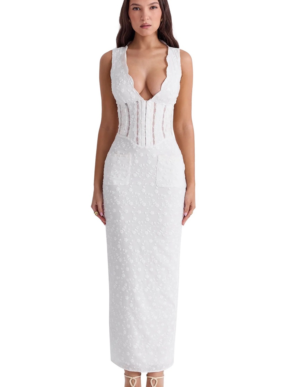 House of CB SOPHINA WHITE COTTON BRODERIE ANGLAIS PLUNGE MAXI DRESS - NWT